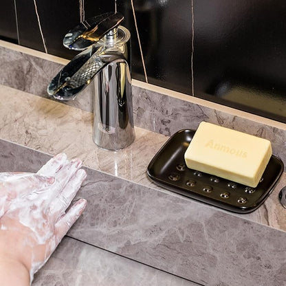Miamolo Soap Dish, Ceramic Soap Holder Shower Soap Dish for Bar Soap Sponge, Soap Saver Tray for Bathroom Kitchen Sink, Black (Pack of 2)