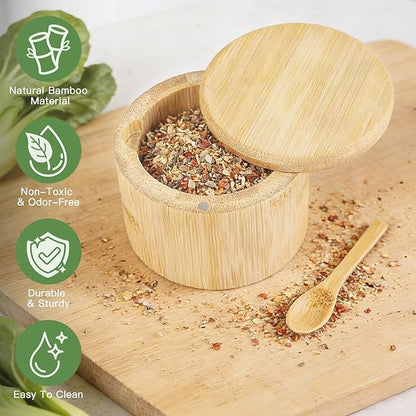 Ninsula Bamboo Salt Cellar, 360° Magnetic Swivel Lid Salt Container with Built-in Spoon for Storing Table Salt, Pepper, Sugar, Sea Salt, Spices, and Herbs
