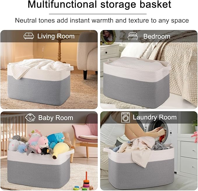 OIAHOMY Extra Large Blanket Basket, 95L Cotton Rope Woven Laundry Basket, Toy Bin for Baby Room, Container for Blanket Storage in Living Room, 24''×17''×14'', Grey & White
