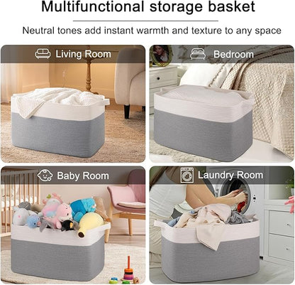 OIAHOMY Extra Large Blanket Basket, 95L Cotton Rope Woven Laundry Basket, Toy Bin for Baby Room, Container for Blanket Storage in Living Room, 24''×17''×14'', Grey & White