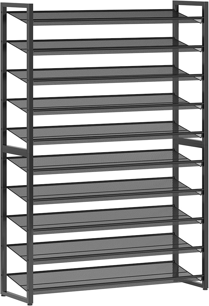 Nunsino Shoe Rack,10 Tier Metal Shoe Organizer,Max Holds 50 Pairs,Heavy Duty Shoes Shelf for Garage, Entryway, Closet,Black