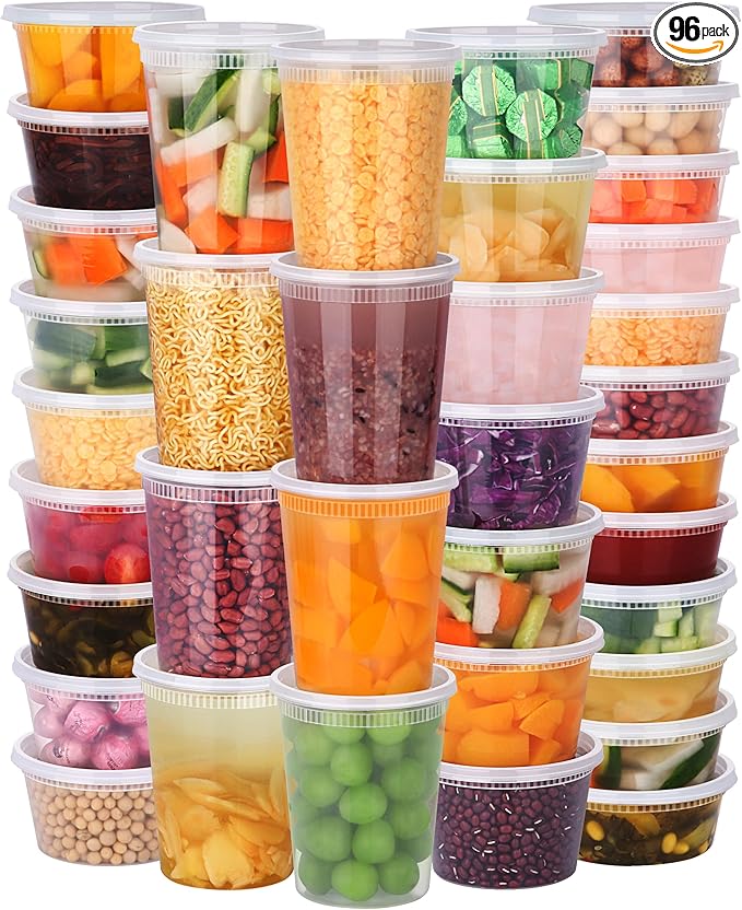 NESCCI 96 Pack (192-Piece) Deli Containers with Lids, 32/16/12/8 oz X 24 Set Each, Leak-Proof & BPA Free Airtight Takeout Plastic Food Storage Containers for Soup, Meal Prep, Microwave/Freezer Safe