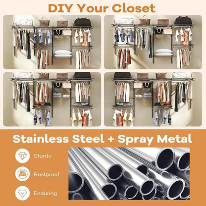 Giantex Closet Organizer System, Wall-mounted Custom Closet Kit w/Adjustable Storage Shelves, Wardrobe Clothes Rack w/Hanging Rods, Perfect for Coats, Pillows, Blanket (Gray, 98.5"x13.5"x48)