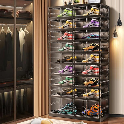 CIMLORD 9-Tier Foldable Shoe Rack for Closet Entryway 18-36Pairs,Stackable Clear Shoe Storage Boxes Organizer with Door Plastic Shoe Cabinet Bins with Lids Shoes Shelf Easy Assembly Large Black