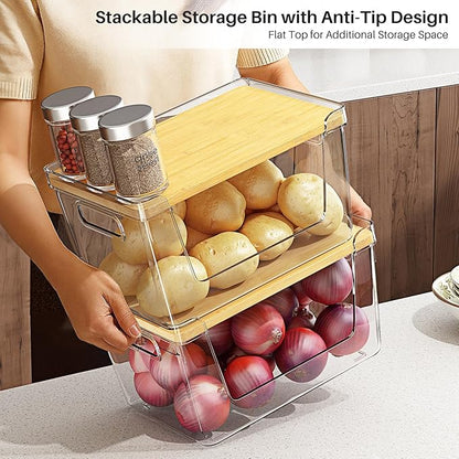 4 Set Pantry Organizer and Stackable Storage Kitchen,Sturdy and Durable Storage Basket for Potato, Onion, Garlic, Fruit, Vegetable, Produce, Clear Plastic Storage with Lid&Handle