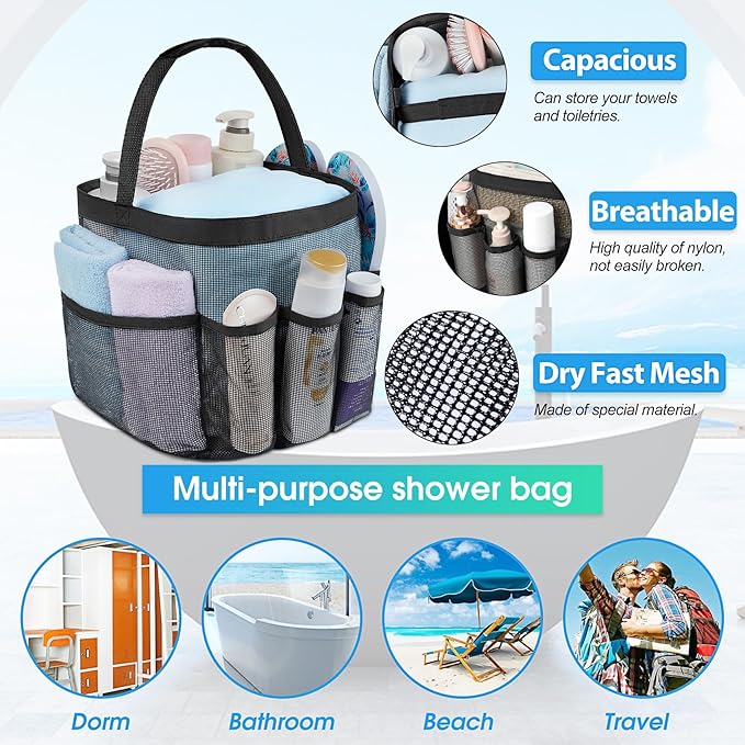 Attmu Mesh Shower Caddy Portable for College Dorm Room Camping Essentials, Shower Caddy Dorm with 9-Pockets, Large Capacity Hanging Basket Bathroom Bag for Toiletry, Swimming, Gym, Camp, Beach