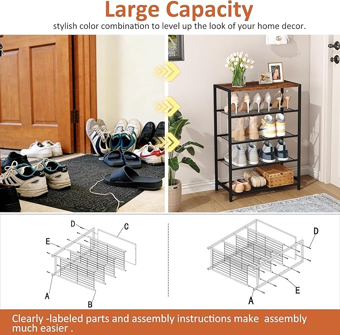 HOMEFORT 5-Tier Shoe Rack, Shoe Storage Shelf with MDF Top Board, Shoe Rack Organizer, Each Tier Fits 3 Pairs, Entryway Shoe Stand with Sturdy Shelves, Rustic Brown