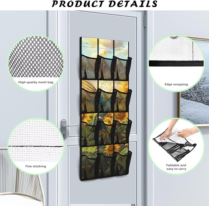 Sunflower Bird Over the Door Hanging Organizer for Closet - Large Storage Bags with Metal Hooks, Space Saving Home Organization