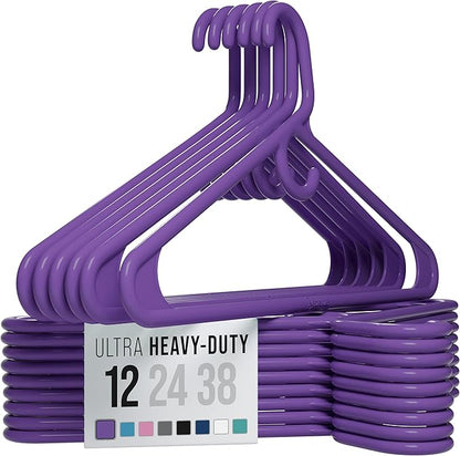 NEATERIZE Thick Heavy Duty Hangers - Purple Plastic Clothes Hangers 12 Pack - Great for Coat Hanger, Jackets Jeans & Suit Hanger for Closet, New Apartment Essentials Percheros Ganchos para Colgar Ropa