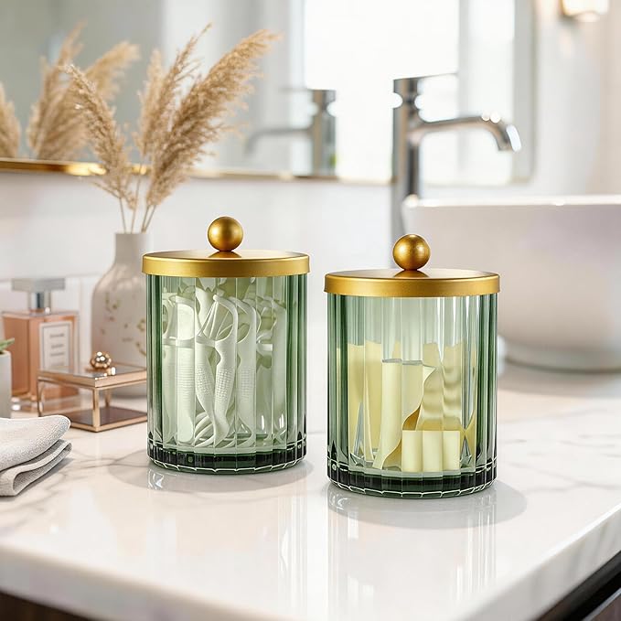 Amolliar Sage Green Glass Qtip Holder Dispenser, Bathroom Canister Apothecary Jar for Cotton Swabs, Cotton Balls, Round Pads, Floss Picks, Countertop Storage Organizer Container for Vanity,Gold 2 Pack