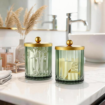 Amolliar Sage Green Glass Qtip Holder Dispenser, Bathroom Canister Apothecary Jar for Cotton Swabs, Cotton Balls, Round Pads, Floss Picks, Countertop Storage Organizer Container for Vanity,Gold 2 Pack