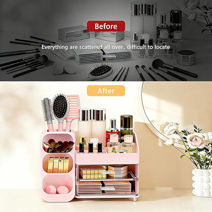 Makeup Organizer Countertop, Spacious Cosmetic Display Case with Makeup Brush Holder, Perfect Vanity Bathroom Organizer and Storage, Pink