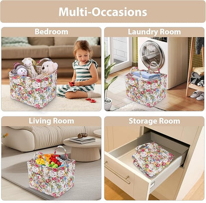 Storage Basket Boho Fabric Large Collapsible Floral Laundry Nursery Hamper Portable Folding Storage for Clothes Toys (Green)