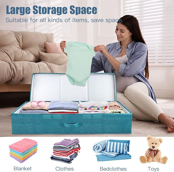 Supowin Underbed Storage Containers Bin with Lids (2pcs) Large Under Bed Storage Organizer Box with Handle, Foldable Under the Storage Bags for Organizing Clothes, Shoes, Blankets, Pillows-Cyan blue