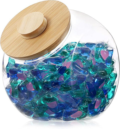 Sumnacon Laundry Pods Container with Wooden Lid, Wide Mouth Laundry Room Organization Containers Plastic Food Storage Jar for Pantry Versatile Candy Jar or Cookie Containers for Kitchen