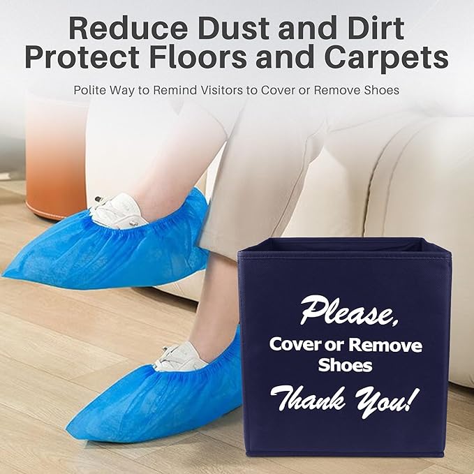 Opret Large Shoe Cover Box Blue, Real Estate Agent Supplies, Disposable Shoe Cover Dispenser Box for Open House, Please Cover or Remove Shoes, Foldable Storage Bin for Bootie