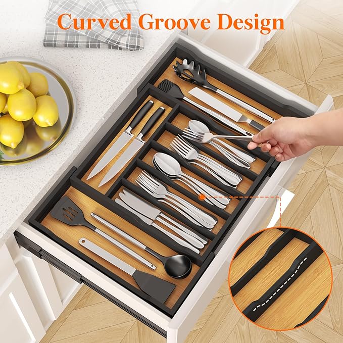 Lifewit Silverware Drawer Organizer, Expandable Utensil Tray for Kitchen, Flatware and Cutlery Holder, Wood Adjustable Storage for Spoons Forks Knives, 13-22x15/ 33-56x38cm, Natural and Black