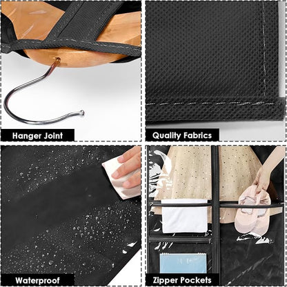Univivi Dance Costume Bags Garment Bag 40 Inch Hanging Clothes for Dance Competitions, with 3 Medium Clear Zipper Pockets for Dance Costumes, Closet Storage (Black, 2 Pack)