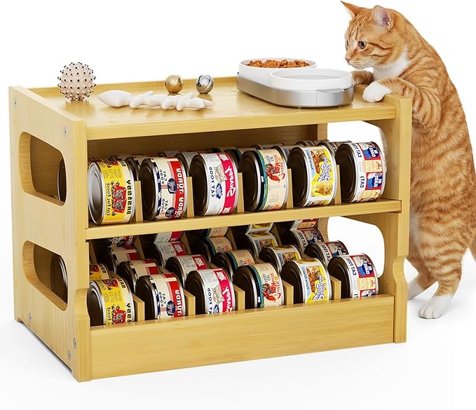 Bamboo Cat Food Can Organizer, Holds 36 (3oz) Cans, Cat Wet Food Storage Rack, Rolling Cat Food Can Dispenser for Pantry
