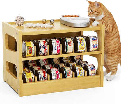 Bamboo Cat Food Can Organizer, Holds 36 (3oz) Cans, Cat Wet Food Storage Rack, Rolling Cat Food Can Dispenser for Pantry