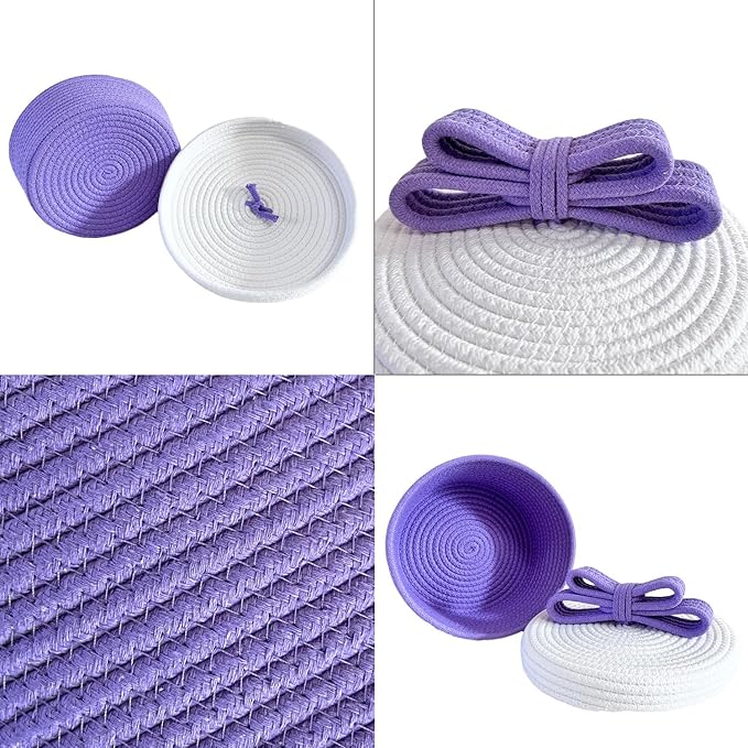 Small Storage Baskets with Lids, Round Woven Rope Basket with Lid, Cute Storage Box for Small Toy, Gift or Home Decor, Decorative Basket with Cute Bow Handle (Lavender)