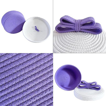 Small Storage Baskets with Lids, Round Woven Rope Basket with Lid, Cute Storage Box for Small Toy, Gift or Home Decor, Decorative Basket with Cute Bow Handle (Lavender)