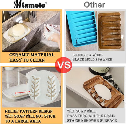 Miamolo Ceramic Soap Dish Soap Holder, Soap Lift for Bar Soap Sponge, Shower Soap Dishes for Bathroom Kitchen Counter Soap Saver Tray Keep Dry, Dishwasher Safe (Pack of 2)