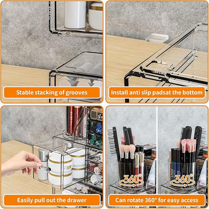 SuoXing 3 Pack Clear Acrylic Makeup Organizer for Vanity With 9 Drawer, Skincare Organizers Countertop With Make up Brush Holder,Bathroom Make up Drawer Storage for Beauty,Hair Accessories Organizer | Cute, with Brush Holder, Lipstick