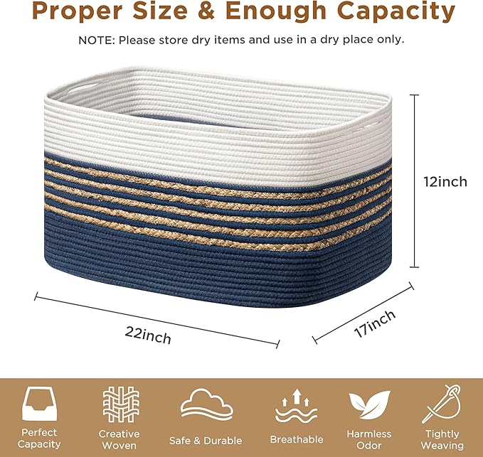 UBBCARE Blanket Basket, Large Rectangle Woven Storage Basket With Handles, Cotton Rope Toy Basket for Living Room, Nursery Baskets for Organizing, 22''L×17''W×12''H, Navy Blue