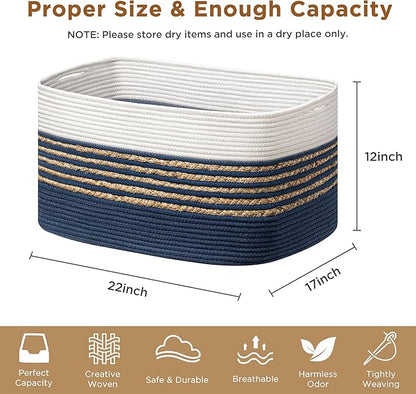 UBBCARE Blanket Basket, Large Rectangle Woven Storage Basket With Handles, Cotton Rope Toy Basket for Living Room, Nursery Baskets for Organizing, 22''L×17''W×12''H, Navy Blue