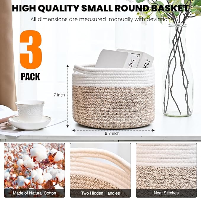 ICERZCZ Small Storage Baskets for Organizing, Organizer Baskets for Shelves, Small Woven Basket for Storage, Cute Brr Basket for Gifts Empty, 9.7"×9.7"×7" (3 Packs) Off White & Brown