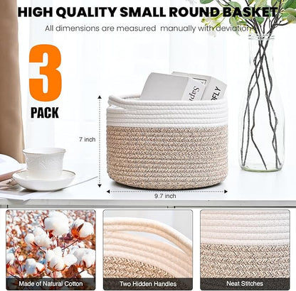 ICERZCZ Small Storage Baskets for Organizing, Organizer Baskets for Shelves, Small Woven Basket for Storage, Cute Brr Basket for Gifts Empty, 9.7"×9.7"×7" (3 Packs) Off White & Brown