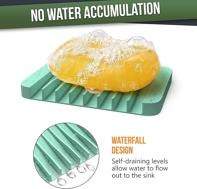 ZAPPOWARE 2-Pack Silicone Soap Dish with Drain - Bar Soap Holder (Light Green) for Shower & Bathroom Sink - Self Draining Waterfall Soap Saver Tray for Kitchen, Prevents Sticky Mess, Easy to Clean