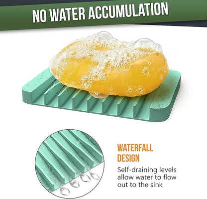 ZAPPOWARE 2-Pack Silicone Soap Dish with Drain - Bar Soap Holder (Light Green) for Shower & Bathroom Sink - Self Draining Waterfall Soap Saver Tray for Kitchen, Prevents Sticky Mess, Easy to Clean