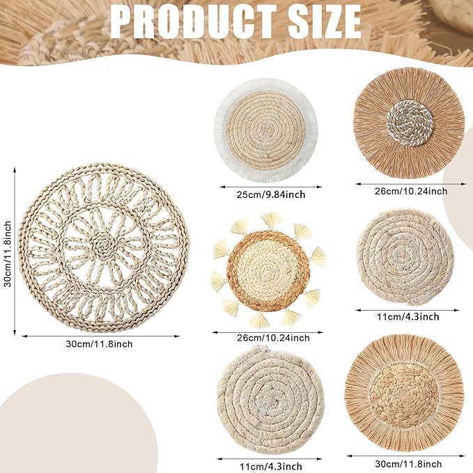 CroBlissful 7 Pcs Boho Wall Basket Decor Hanging Handcrafted Seagrass Woven Round Bohemian Basket Wall Decoration Art for Farmhouse Home Room Rustic Decorations Table, Multi Sizes(Vintage)