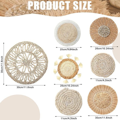CroBlissful 7 Pcs Boho Wall Basket Decor Hanging Handcrafted Seagrass Woven Round Bohemian Basket Wall Decoration Art for Farmhouse Home Room Rustic Decorations Table, Multi Sizes(Vintage)