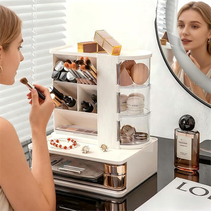 Makeup Organizer with 3 Rotating & Dustproof Drawers, Large Capacity Cosmetic Storage Box with Makeup Brush Holder, Make up Organizers for Vanity, Dresser, Bathroom (White)