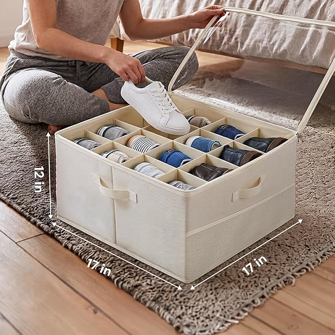 Under Bed Shoe Storage Organizer 16 Compartment, Foldable Shoe Organizer Under Bed with Clear PVC Lid, Shoe Storage Box with Zipper & Handle for Closet Bedroom, Off White, Pack of 2