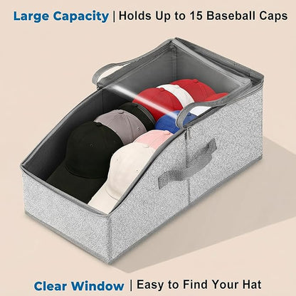 2PCS Hat Storage for Baseball Caps - Stackable Hat Organizer for Closet, Holds up to 30 Caps with Clear Window, Space-Saving Hat Box for Home Storage, Breathable Fabric, Grey