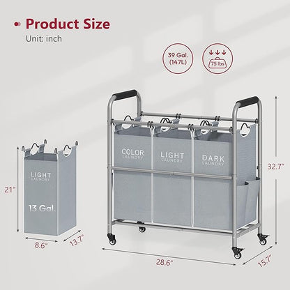 Tajsoon 3 Bag Laundry Sorter Cart, Laundry Hamper Sorter Basket with Heavy Duty Lockable Rolling Wheels for Clothes Storage, Grey & White