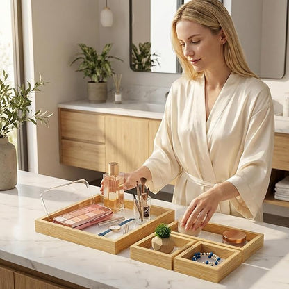 Small Bathroom Countertop Tray Set of 4 for Vanity and Toilet Tank, Stackable Desk Drawer Organizer, Wood Color