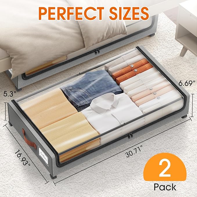 SpaceHacks Under Bed Storage with Wheels 2Pack Underbed Storage with Clear Window&Label Under Bed Drawers Large Capacity Rolling Under Bed Storage for Clothes,Shoes, Blankets (Light Grey)