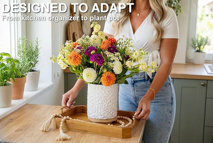 Extra Large 360° Rotating Utensil Holder for Kitchen Counter, 8.3” Cooking Utensil Holder for Countertop with Bamboo Base, White Ceramic Utensil Crock Canister for Cooking Utensils - Engraved Design
