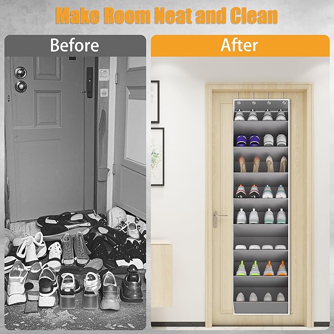 KYEVIS Over The Door Shoe Organizer Storage Fit 16-24 Pairs Hanging Shoe Rack Organiser for Closet Door, Deep Pocket Shoe Holder for Sneakers,Boots Storage(1 Pack Gray)