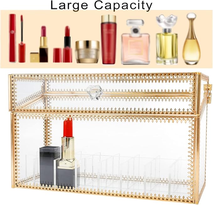 HighFree 24 Slots Glass Lipstick Organizer - Gold Vintage Transparent Display Box With Lid & Removable Dividers for Lip Gloss