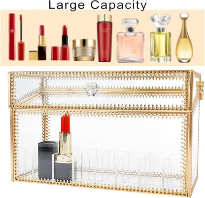 HighFree 24 Slots Glass Lipstick Organizer - Gold Vintage Transparent Display Box With Lid & Removable Dividers for Lip Gloss