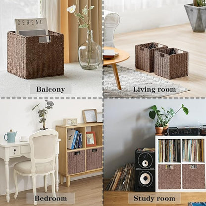 Vagusicc Wicker Basket, Set of 2 Hand-Woven Paper Rope Storage Baskets for Organizing, Foldable Cubby Storage Bins, 11 Inch Large Wicker Storage Basket, Square Baskets Cube Storage Organizer, Brown