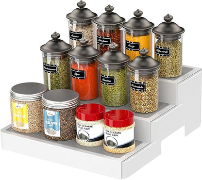YAN & HIN Expandable Spice Rack Organizer for Cabinet (2 Pack), 3-Tier Tiered Spice Shelf Organizer with Non-Skid Surface, Spice Riser, Adjustable Pantry Organizer for Spices, Cans & Medicine Cabinet