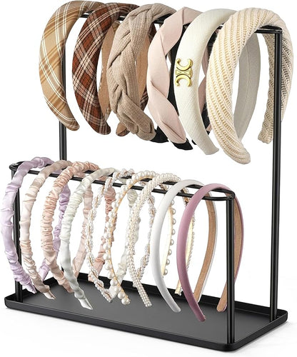 Headband Holder Organizer Metal 2-Tier with Tray: Hair Accessories Display Stand Storage Hairband Rack Necklace Stand Home Bedroom for Girls Women, Black