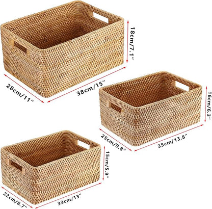 Hipiwe Handwoven Rattan Basket Decorative Natural Wicker Storage Basket Rectangular Wardrobe Home Organizer with Build-in Handles, 15" x 11" x 7.1"